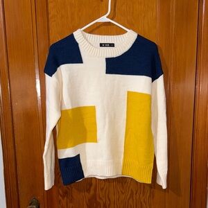UUE Colorblock Crew Neck Sweater in Navy, Cream, and Yellow